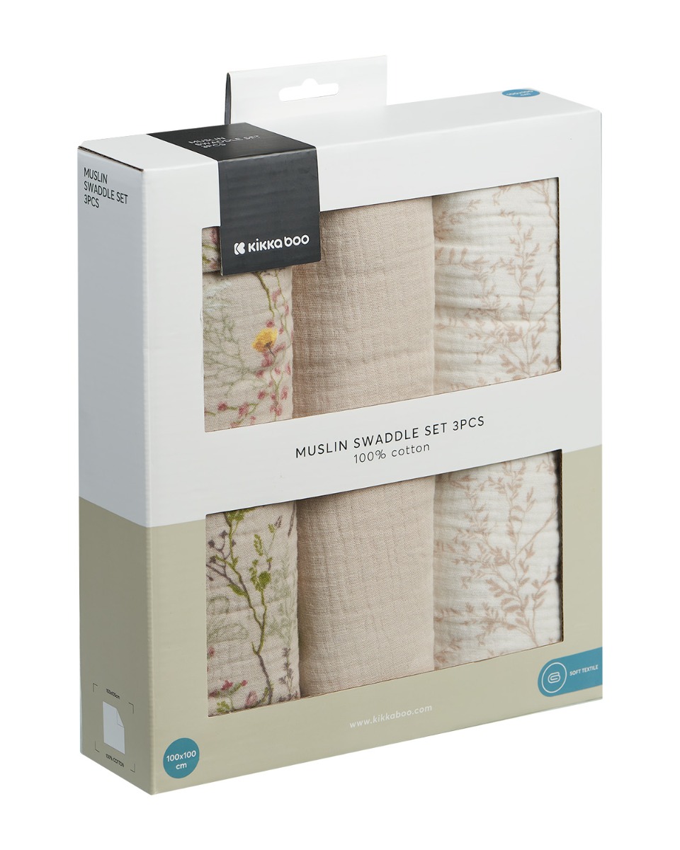 Kikkaboo Комплект 3 бр муселинови пелени 100х100 см Secret Garden Beige - Image 2