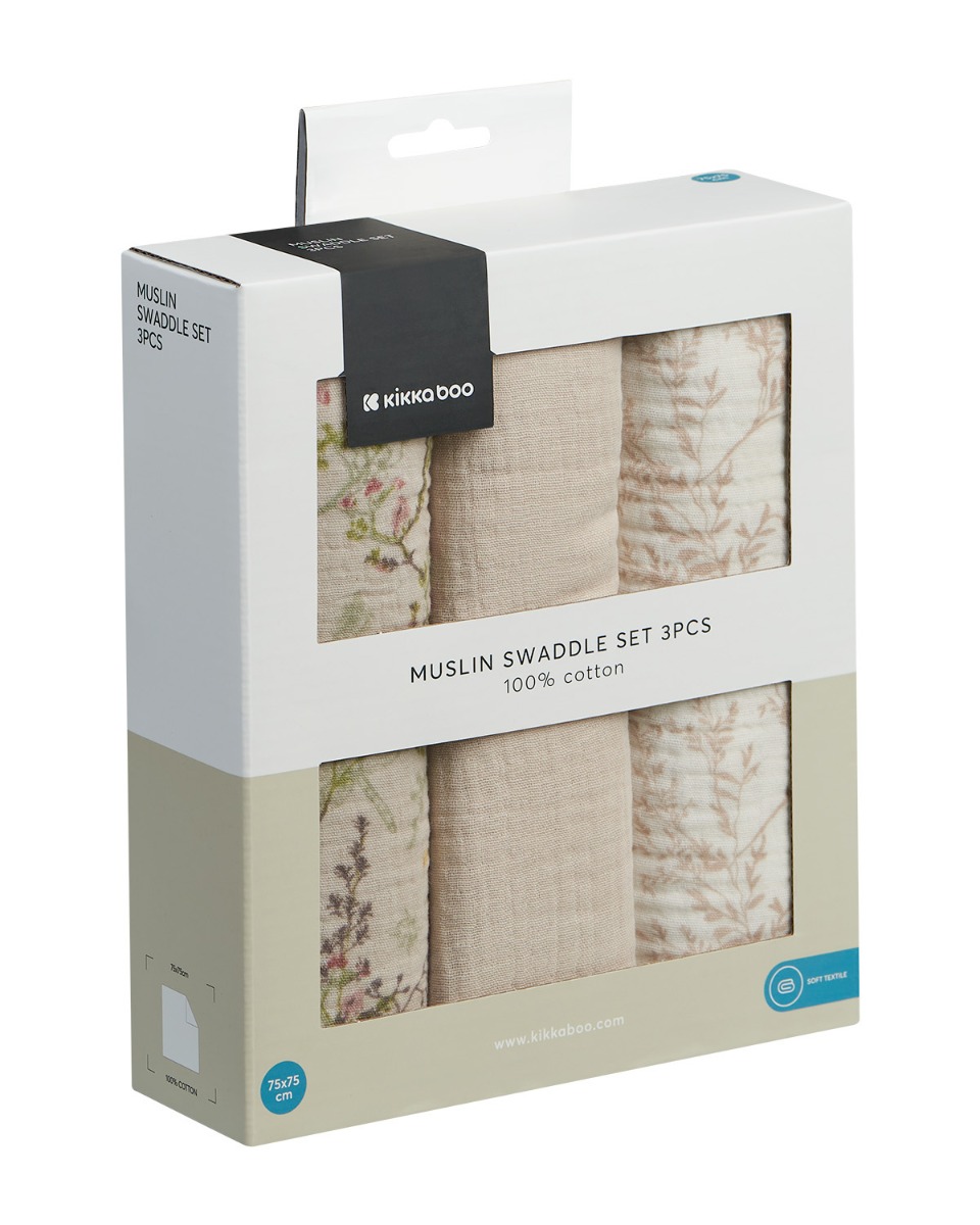Kikkaboo Комплект 3 бр муселинови пелени 75х75 см Secret Garden Beige - Image 2