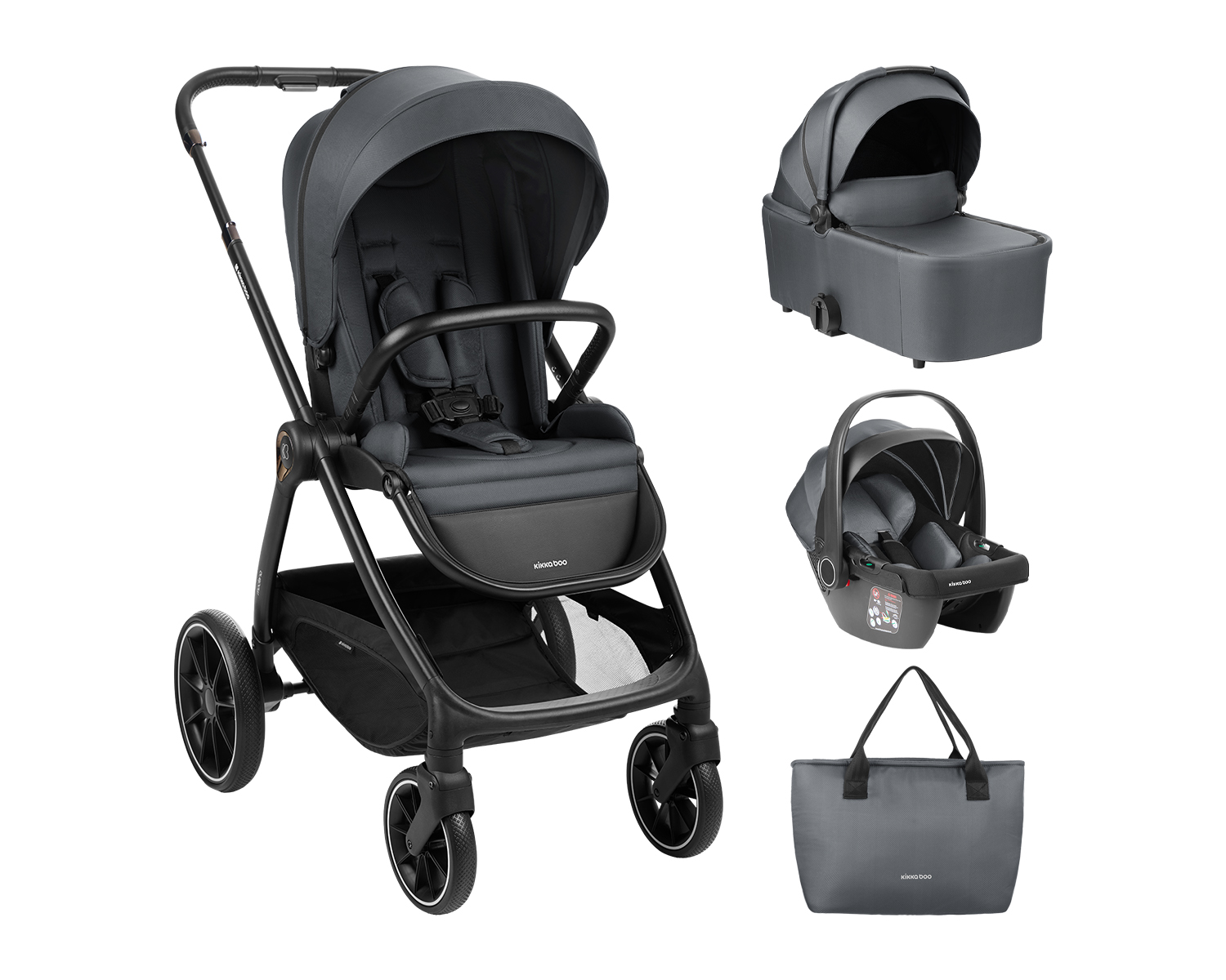 Kikkaboo Комбинирана количка 3в1 с кош за новородено Modena Dark Grey