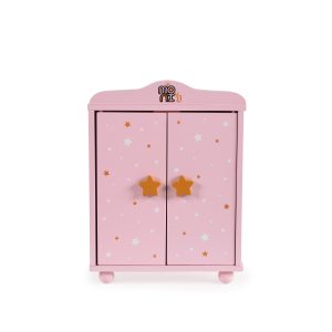 Moni Toys Дървен гардероб за кукли с 3 закачалки розов